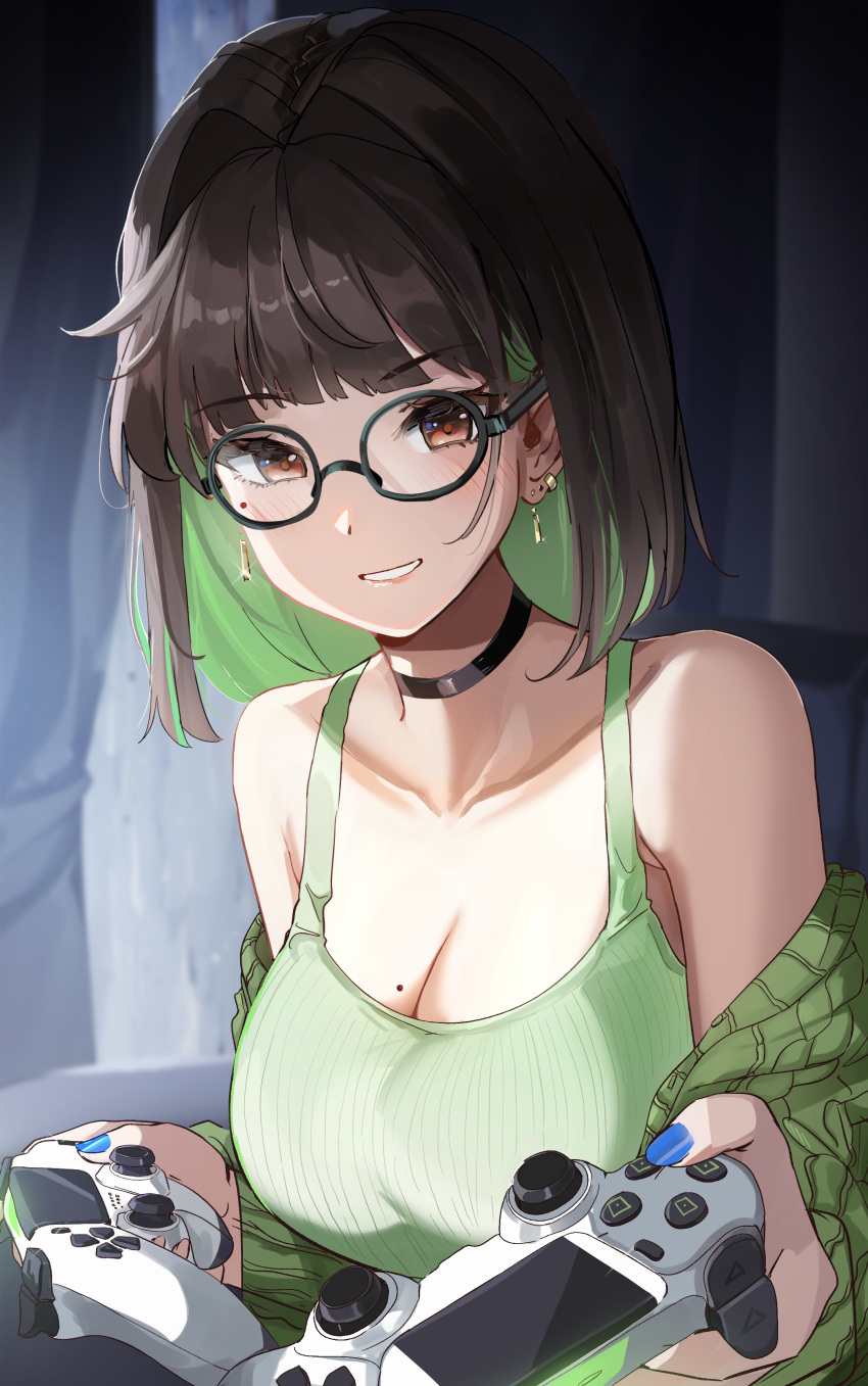 1girl 1girls absurdres black_choker black_hair blush breasts brown_hair choker cleavage collarbone colored_inner_hair commentary controller dualshock_4 ear_piercing earrings english_commentary female game_controller glasses green_hair green_sweater green_tank_top grin highres holding holding_controller holding_game_controller jewelry large_breasts long_hair looking_at_viewer medium_hair miru_(ormille) mole mole_on_breast mole_under_eye multicolored_hair nail_polish original original_character ormille piercing smile solo sweater tagme tank_top teeth two-tone_hair two_tone_hair upper_body