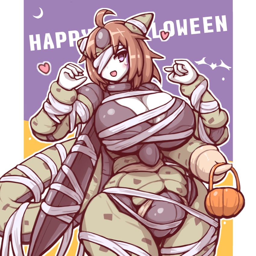 1girls 57mm big_breasts brown_hair bug_girl cell_(dragon_ball) cleavage dragon_ball dragon_ball_z english_text halloween heart monster_girl mummy_wrappings pale_skin rule_63 short_hair tagme tail thick_thighs voluptuous wide_hips