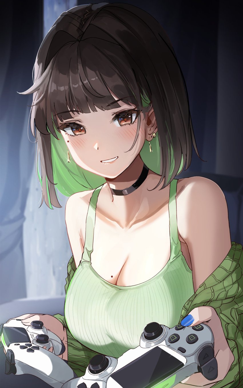 1girl 1girls absurdres black_choker black_hair blush breasts brown_hair choker cleavage collarbone colored_inner_hair commentary controller dualshock_4 ear_piercing earrings english_commentary female game_controller green_hair green_sweater green_tank_top grin highres holding holding_controller holding_game_controller jewelry large_breasts long_hair looking_at_viewer medium_hair miru_(ormille) mole mole_on_breast mole_under_eye multicolored_hair nail_polish original original_character ormille piercing smile solo sweater tagme tank_top teeth two-tone_hair two_tone_hair upper_body