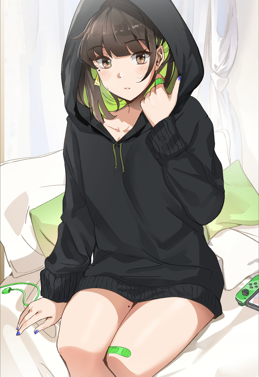 1girl 1girls bandaid beauty_mark bed black_hair breasts casual collarbone earrings female green_hair hazel_eyes hoodie light-skinned_female light_skin miru_(ormille) mole mole_on_thigh mole_under_eye nintendo_switch original original_character ormille painted_nails pillow pillows sitting_on_bed solo solo_female tagme thick_thighs thighs two_tone_hair