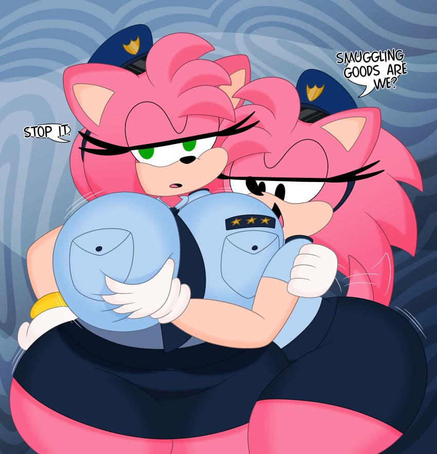 2girls 3barts amy_rose amy_rose_(classic) big_ass big_breasts big_butt classic_amy_rose hand_on_breast happy_female older_female police_uniform policewoman selfcest sonic_(series) sonic_the_hedgehog_(series) tagme touching_breast