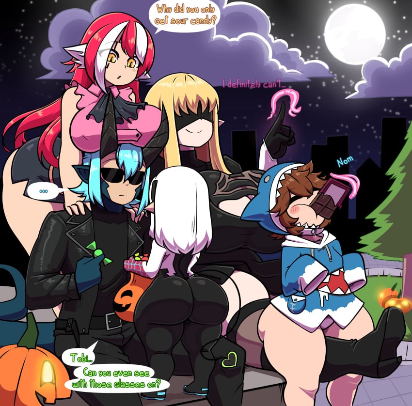 1futa 1girls 3boys animal_ears ass belt black_dress blindfold blonde_hair blue_hair blush_stickers breast_rest breasts breasts_on_head brown_hair candy cleavage_cutout closed_eyes clothing clothing_cutout cloud cosplay crossover crossover_cosplay curvaceous dress drinking elizabeth_liones_(cosplay) english_language english_text female food footwear gawr_gura gawr_gura_(cosplay) gloves halloween halloween_costume harem holding hololive hololive_english hololive_myth hood hoodie horns huge_ass huge_breasts inuko_jun jack-o'-lantern jacket large_breasts leather levi_(the_yeager) long_hair male marvel medium_hair moon multicolored_hair multiple_girls nanatsu_no_taizai nier:_automata night night_sky original original_character panties pantsu pumpkin red_hair shark_girl shark_tail sharp_teeth short_hair sitting sky sleeves_past_fingers sleeves_past_wrists smile speech_bubble spider-gwen_(cosplay) spider-man_(series) streaked_hair sunglasses tail text the_yeager thick_thighs thighhighs thighs underwear virtual_youtuber white_hair wide_hips yellow_eyes yorha_2b_(cosplay)