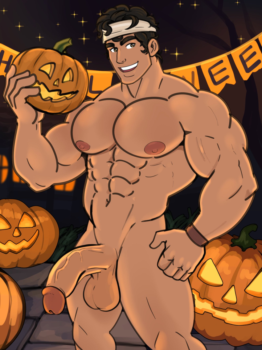 1boy 2023 balls bara bara_tits barazoku big_balls big_penis completely_nude cummytomato gay halloween hi_res highres holidays jack-o'-lantern jack_o'_lantern kinktober looking_at_viewer male male_focus male_nipples male_only manly muscular_male nipples nude penis pumpkin solo solo_male yaoi