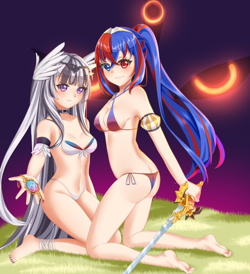 2girls alear_(female)_(fire_emblem) alear_(fire_emblem) alternate_costume alternate_hairstyle armpits ass bangs bare_arms bare_legs barefoot big_ass bikini black_hair blue_bikini blue_eyes blue_hair blue_swimsuit butt_crack cleavage female female_only fire_emblem fire_emblem_engage grass grey_hair hair_between_eyes heterochromia jewelry kneeling legs long_hair looking_at_viewer maichiu medium_breasts multicolored_hair multiple_girls nail_polish nintendo official_alternate_hairstyle purple_eyes purple_nails red_bikini red_eyes red_hair red_swimsuit sideboob small_breasts smile swimsuit two-tone_bikini very_long_hair veyle_(fire_emblem) white_bikini white_swimsuit