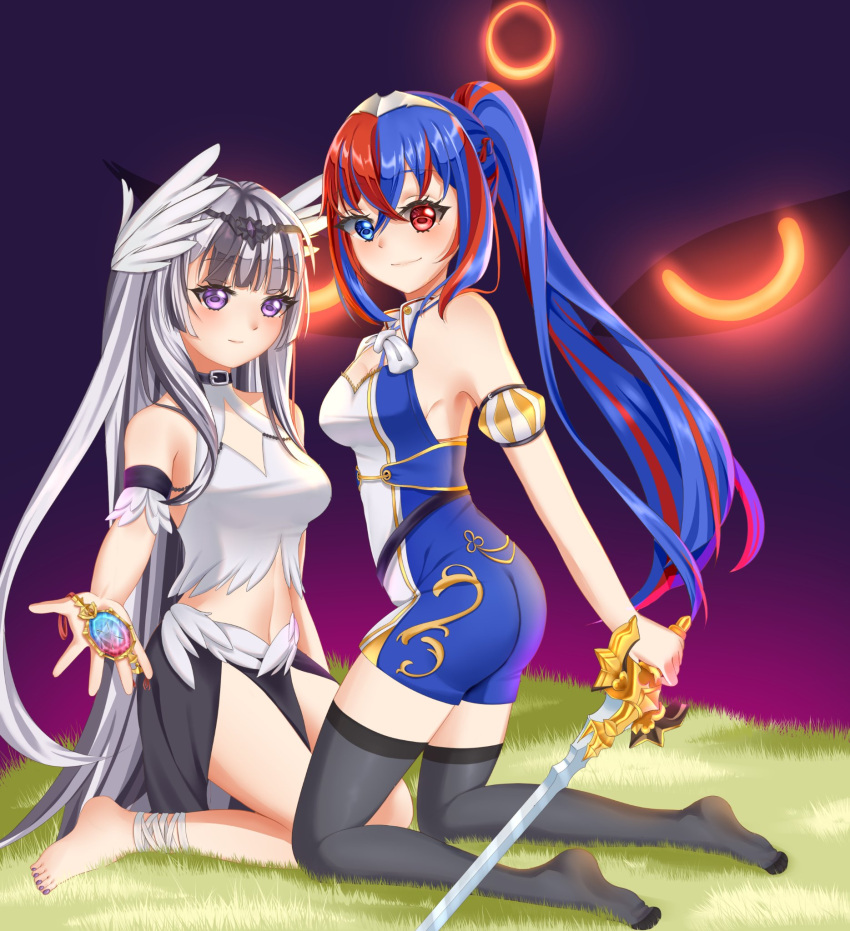 2girls alear_(female)_(fire_emblem) alear_(fire_emblem) alternate_hairstyle armpits ass bangs bare_arms bare_legs bare_thighs barefoot big_ass black_hair blue_eyes blue_hair collar female female_only fire_emblem fire_emblem_engage grass grey_hair hair_between_eyes heterochromia jewelry kneeling legs long_hair looking_at_viewer maichiu medium_breasts multicolored_hair multiple_girls nail_polish nintendo official_alternate_hairstyle purple_eyes purple_nails red_eyes red_hair small_breasts smile thighhighs thighs very_long_hair veyle_(fire_emblem)