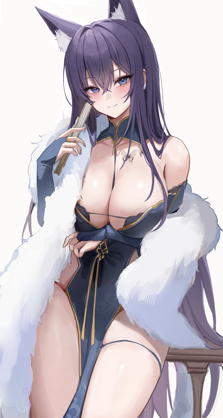 1girls biya breast_tattoo breasts cleavage female fox_ears fox_girl huge_breasts light-skinned_female light_skin long_hair original original_character purple_hair smile thick_thighs wide_hips yuna_(biya)