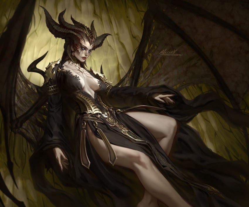 1girls aleriia_v demon demon_girl demon_horns demon_wings diablo diablo_4 female female_only heterochromia horn horns lerapi lilith_(diablo) milf multi_horn solo succubus succubus_queen wings