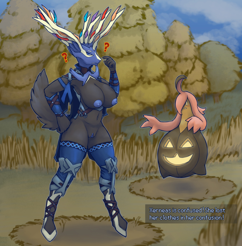 absurd_res ambiguous_gender anthro bare_breasts black_body breasts clothed clothing duo english_text female feral generation_6_pokemon genitals gmad gourgeist hi_res legendary_pokemon leggings legwear nintendo no_underwear outside pokemon pokemon_(species) pussy standing text xerneas