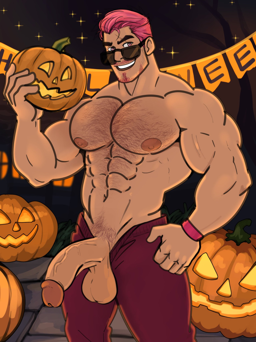 1boy 2023 balls bara bara_tits barazoku beard_stubble big_balls big_penis clothing cummytomato facial_hair gay hairy halloween hi_res highres holidays jack-o'-lantern jack_o'_lantern kinktober looking_at_viewer male male_focus male_nipples male_only male_pubic_hair manly muscular_male nipples penis pumpkin solo solo_male yaoi