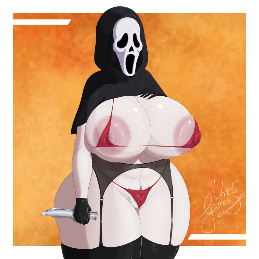 1girls areolae areolae_slip artist_signature big_ass big_breasts bikini chubby female female_ghostface ghostface huge_breasts knife large_areolae lingerie mask milf nipple_bulge nipple_slip pale_skin pubic_hair scream_(franchise) serial_killer shiny_clothes shiny_skin signature simple_background solo standing stockings thick_thighs uncleguires veiny_breasts voluptuous