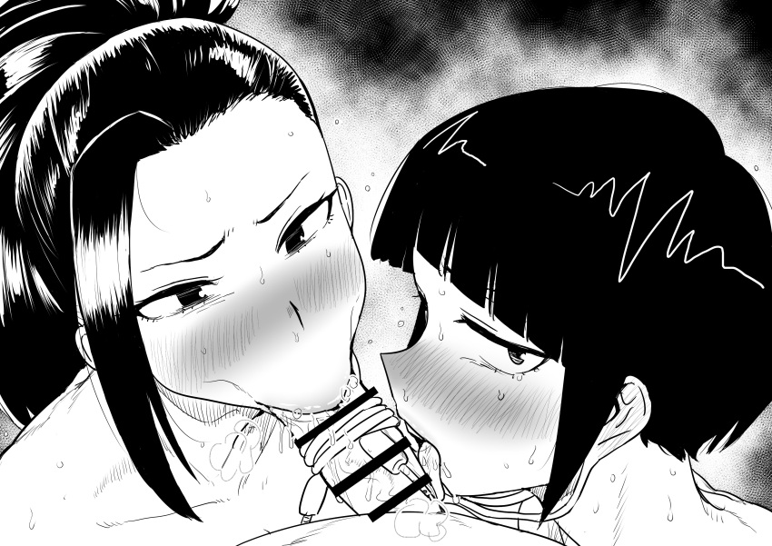 1boy 2girls :>= absurdres asymmetrical_bangs audio_jack bar_censor blunt_bangs blush boku_no_hero_academia breath censored collaborative_fellatio cooperative_fellatio fellatio ffm_threesome furrowed_brow greyscale group_sex hair_pulled_back highres jirou_kyouka kaiman_garupan kyoka_jiro licking licking_penis long_earlobes long_hair looking_at_viewer looking_to_the_side momo_yaoyorozu monochrome multiple_girls my_hero_academia open_mouth oral penis portrait pov saliva short_hair steaming_body straight sweat teamwork threesome tongue tongue_out yaoyorozu_momo