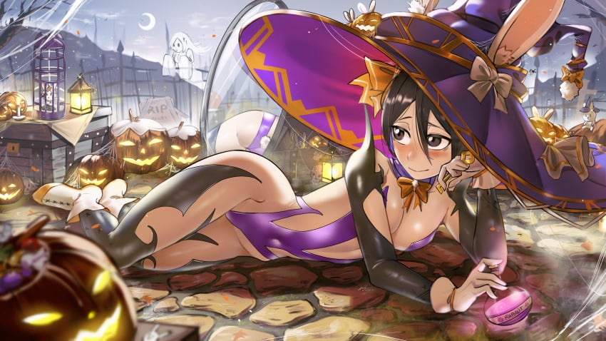 absurdres alternate_costume ass black_eyes black_hair black_thighhighs bleach blush breasts candle covered_navel crescent_moon female ghost ghost_girl gloves halloween hat highres inoue_orihime jack-o'-lantern kuchiki_rukia lantern lying mirror moon night on_side purple_headwear reflection revealing_clothes short_hair small_breasts solo thighhighs waligner white_footwear white_gloves witch witch_hat