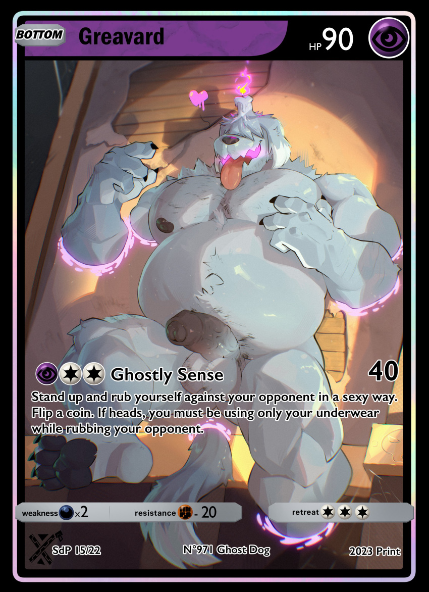 absurd_res anthro english_text foreskin game_freak generation_9_pokemon genitals greavard hi_res male muscular muscular_male nintendo nude nude_male penis pokemon pokemon_(species) pokemon_card pokemon_trading_card_game solo text trading_card zipperhyena