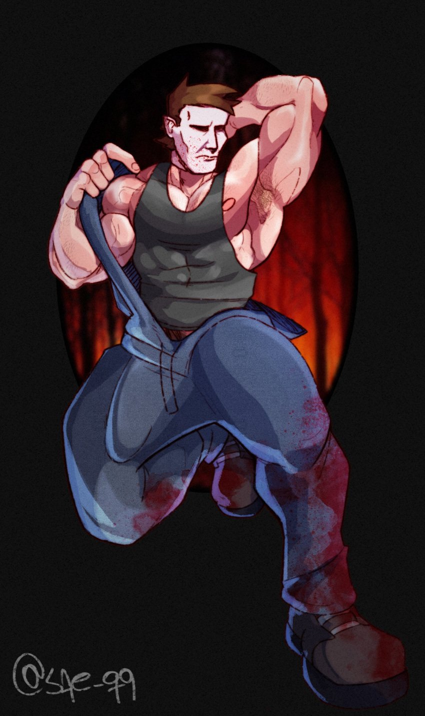 1boy 2023 arm_behind_head bara barazoku big_bulge bulge clothing erection_under_clothes gay halloween halloween_(series) hi_res highres huge_bulge male male_focus male_nipples male_only manly michael_myers muscular_male nipples sae_q9 solo solo_male yaoi