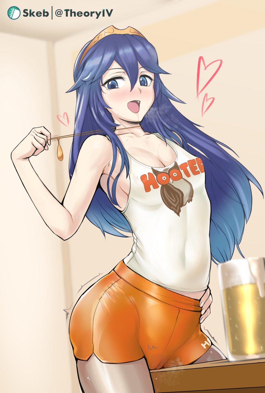 1girls absurdres aegis_(nerocc) alcohol alternate_costume beer beer_mug blue_eyes blue_hair blush breasts cleavage collarbone commentary_request commission crotch_rub cup female female_masturbation female_only fire_emblem fire_emblem_awakening hair_between_eyes hand_on_own_hip heart highres hooters indoors jewelry long_blue_hair long_hair lucina_(fire_emblem) masturbation mug nintendo open_mouth orange_shorts pendant psd_available short_shorts shorts skeb_commission sleeveless small_breasts smile solo tank_top teeth tiara tongue tongue_out upper_teeth_only waitress white_tank_top