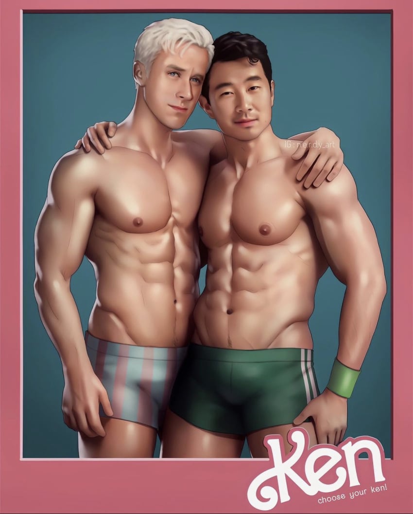 actor asian asian_male barbie_(2023) barbie_(franchise) caucasian caucasian_male celebrity east_asian east_asian_male in_character ken_carson looking_at_viewer male male_only muscles muscular muscular_male nerdyart ryan_gosling shirtless_male simu_liu smooth_chest