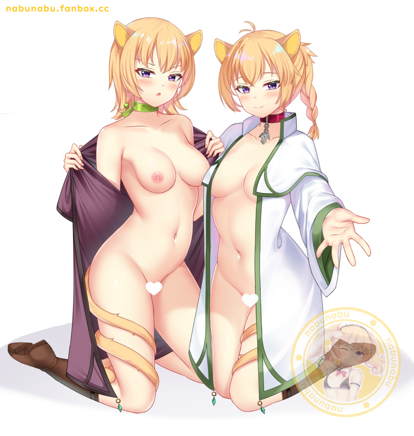 2girls animal_ears blonde_hair blush boots breasts cat_ears cat_girl cat_tail catgirl censored coat collar female female_only fire_emblem fire_emblem:_path_of_radiance fire_emblem:_radiant_dawn kneeling laguz_(race) lethe_(fire_emblem) looking_at_viewer lyre_(fire_emblem) multiple_girls nabunabu nintendo open_clothes open_coat purple_eyes reaching reaching_towards_viewer tail tail_wrap teasing white_background