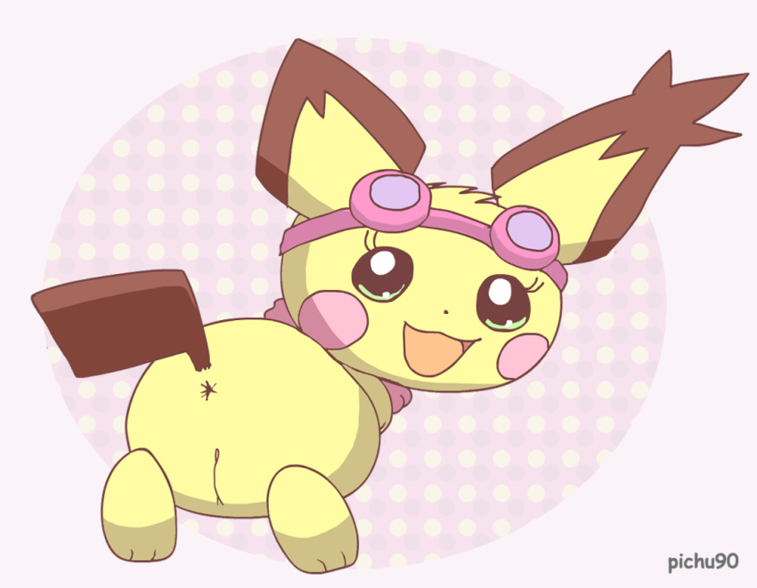 2020 anus artist_name ass eyewear eyewear_on_head female feral fur generation_2_pokemon genitals goggles goggles_on_head green_eyes looking_at_viewer looking_back looking_back_at_viewer nintendo pichu pichu90 pink_background pink_scarf pokemon pokemon_(species) presenting presenting_hindquarters pussy rear_view scarf simple_background solo sparkette_pichu spiky-eared_pichu yellow_body yellow_fur