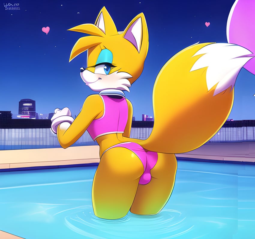 1boy ai_generated anthro ass balloon bent_over blonde_hair blue_eyes bulge cheek_tuft choker crop_top dipstick_tail eyeshadow femboy feminine_tails fluffy fluffy_tail fox girly looking_back male male_only mammal night novelai pool rear_view short_hair smile smiling smiling_at_viewer solo sonic_(series) sonic_the_hedgehog_(series) swimwear tails unknown_artist yellow_fur