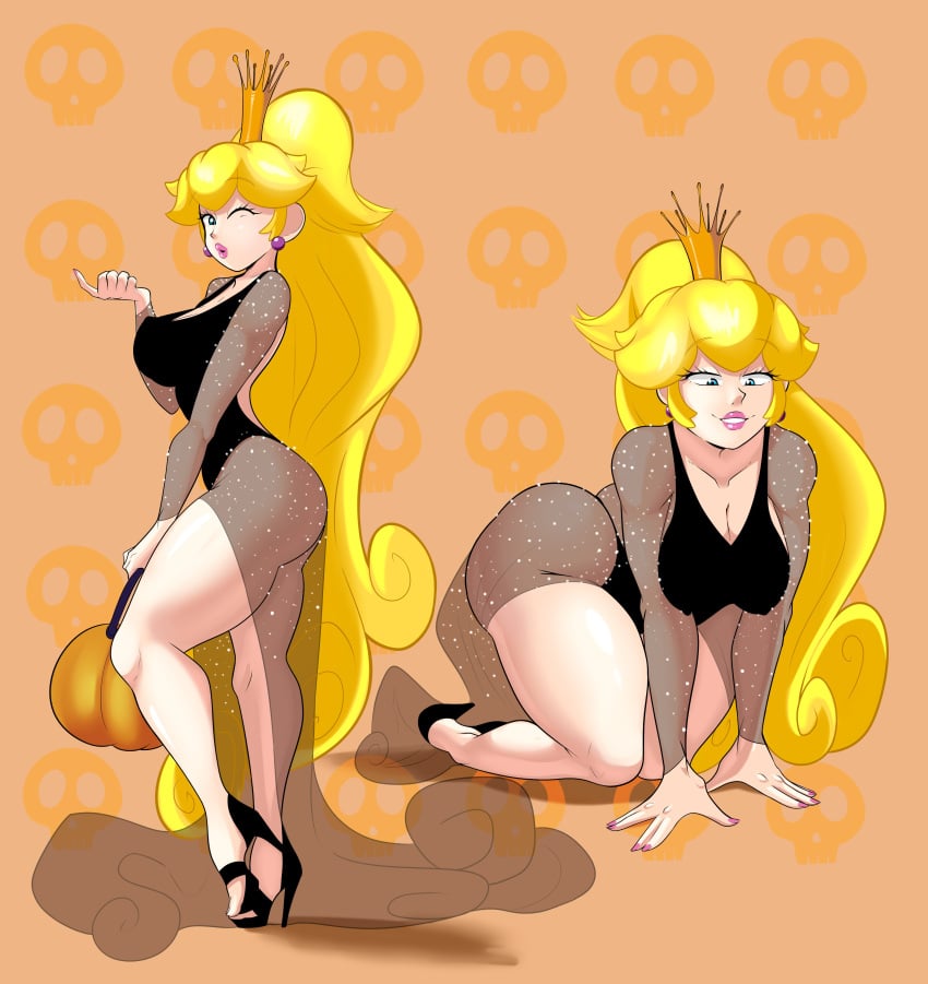 1girls 2d_(artwork) absurd_res back_view big_breasts blonde_hair bursting_ass bursting_breasts bursting_clothes caked_up cleavage cosplay crawling curvaceous dat_ass dragon's_lair halloween_costume high_heels long_hair mario_(series) nintendo perky_breasts perky_nipples pink_fingernails princess_daphne princess_peach scrabble007 spilling_out thick_ass thick_thighs veil voluptuous_female