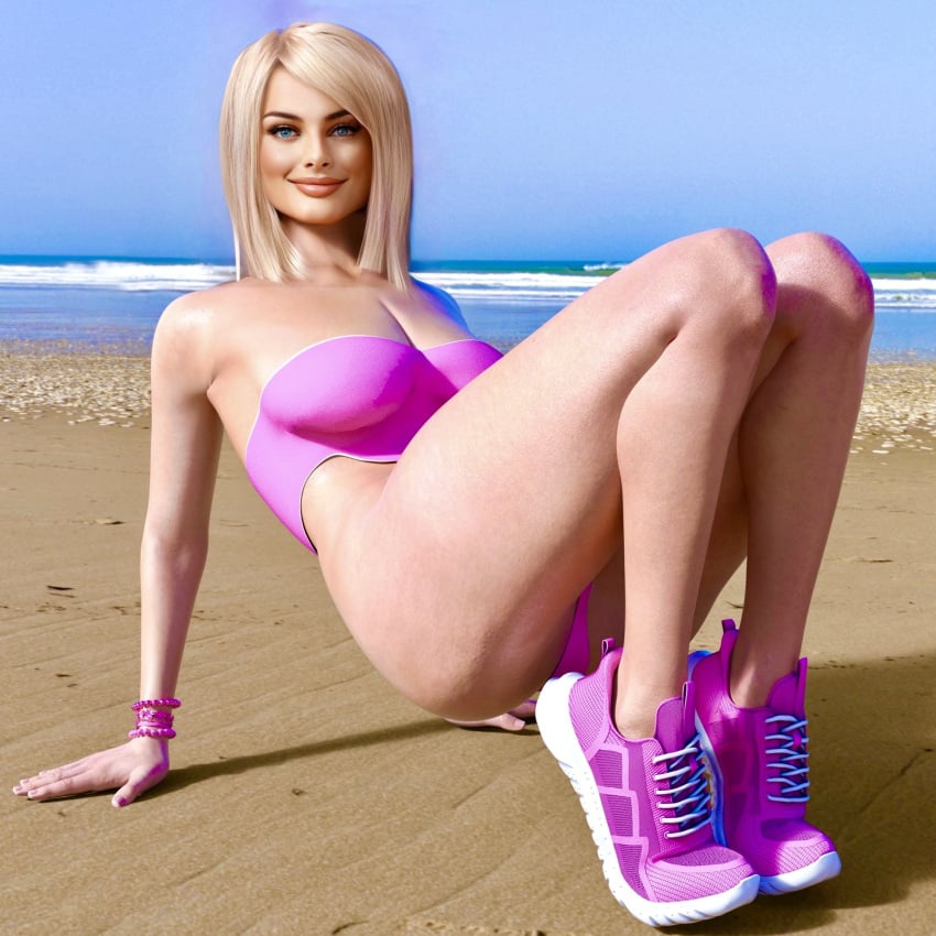 1female 1girls agent_4_tea_se7en ai_generated barbara_millicent_roberts barbie_(2023) barbie_(franchise) barbie_(margot_robbie) bathing_suit beach bikini blonde_female blonde_hair blonde_hair_female bracelet doll female female_focus female_only girl girly leotard margot_robbie one-piece_swimsuit pink_bikini pink_swimsuit pinup pinup_girl pinup_pose posing sneakers solo solo_female swimsuit swimwear tanned tanned_female tanned_skin thick_thighs thighs thong_leotard