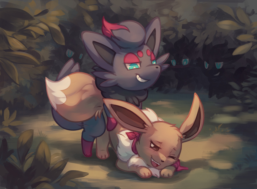 2023 absurd_res ambiguous_gender ambiguous_penetrated ambiguous_penetration ass_up being_watched blue_eyes blush detailed_background dipstick_tail duo_focus eevee female_(lore) feral feral_on_feral feral_penetrated feral_penetrating feral_penetrating_feral fleurdeiris from_behind_position generation_1_pokemon generation_5_pokemon grin group hi_res illusion_(ability) invisible kerchief leg_markings looking_at_another looking_pleasured luna_(pathwarden) male male/ambiguous male_penetrating male_penetrating_ambiguous markings mounting neck_tuft neckerchief nintendo open_mouth open_smile outside penetration pink_kerchief pink_neckerchief plant pokemon pokemon_(species) pokemon_mystery_dungeon sex shrub smile smug socks_(marking) stealth tail tail_markings tuft voyeur zorua