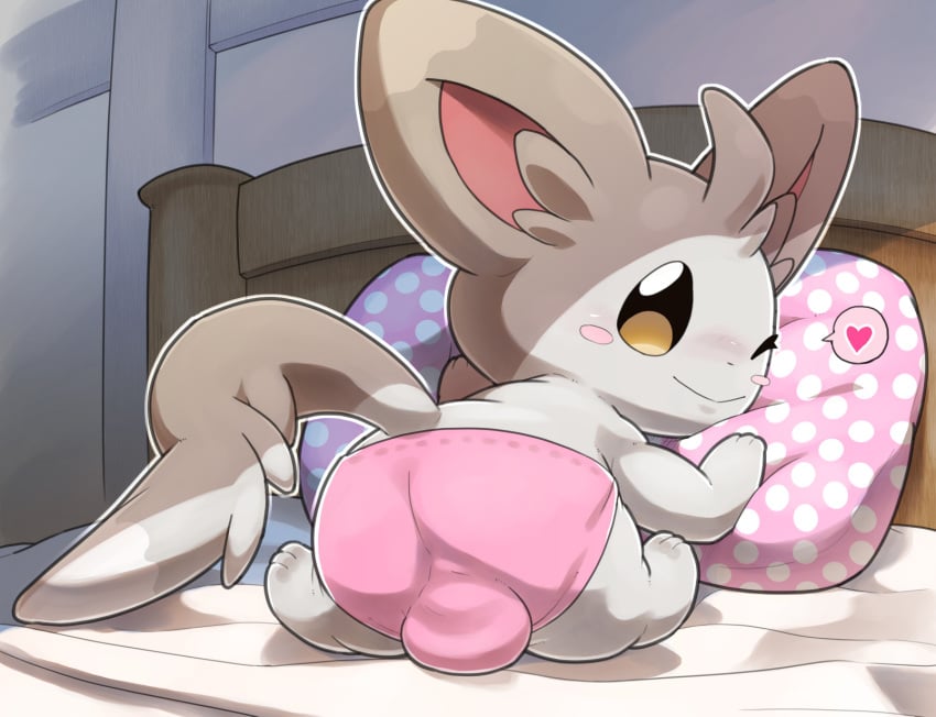 back_view backsack ball_bulge balls blush chinchilla fur furry generation_5_pokemon heart hi_res looking_at_viewer male male_only minccino ofuro on_bed one_eye_closed pillow pokémon_(species) pokemon pokemon_(species) tagme tail