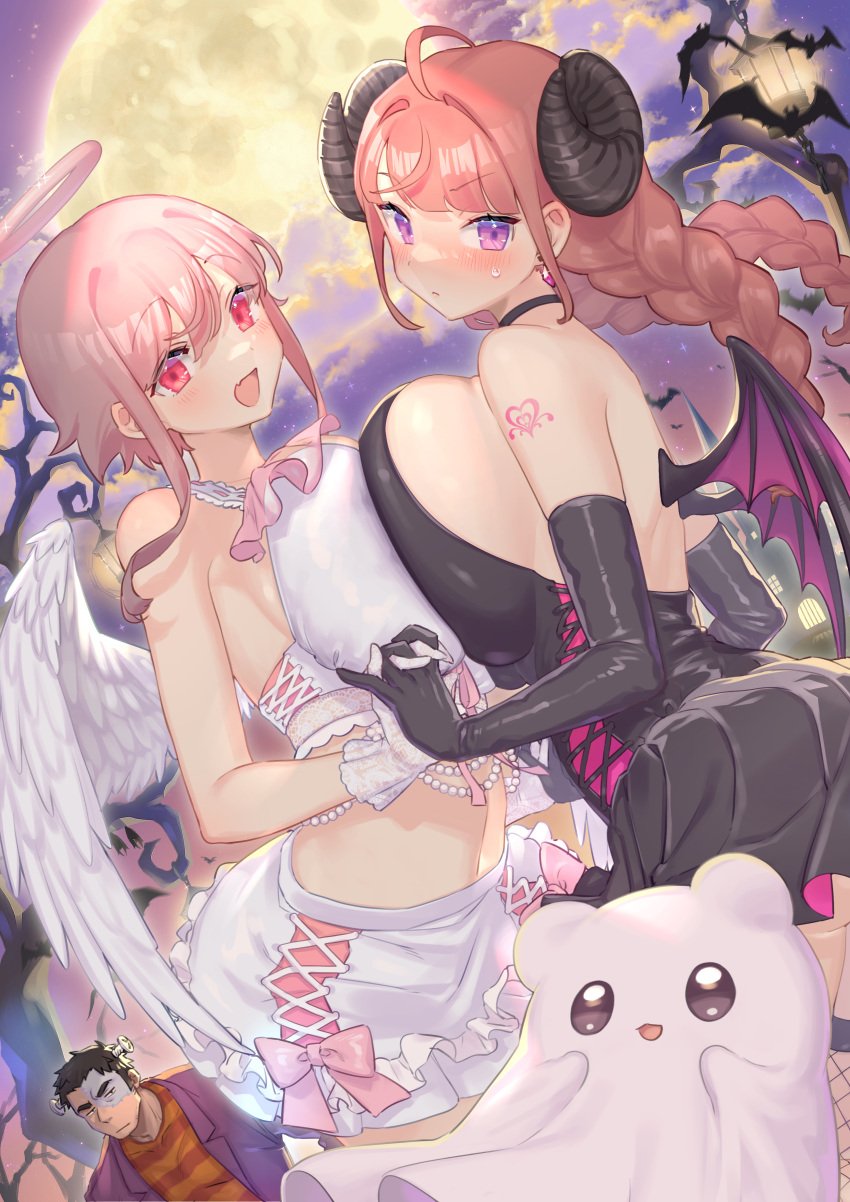 1boy 1other 2023 2girls absurd_res ahoge aizenpochi angel angel_and_devil angel_wings arm_tattoo bare_shoulders bat black_dress black_gloves blushing bra braid breast_press breasts cleavage clothed clothing cosplay costume curled_horns demon_girl demon_horns demon_wings dress earrings elbow_gloves eyebrows_visible_through_hair feathered_wings feathers female female_focus fingers_interlocked frankenstein's_monster frankenstein's_monster_(cosplay) frilled_gloves frills full_moon ghost gloves halloween halloween_costume halo highres holding_hands horns huge_breasts interlocked_fingers jewelry lamp long_hair long_twintails looking_at_another looking_at_viewer looking_to_the_side male midriff miniskirt moon multiple_girls night open_mouth original outdoors pink_hair purple_eyes red_eyes red_hair short_dress short_hair skirt sleeveless smile standing sweat sweatdrop symmetrical_docking tattoo tight_clothing tongue tree twin_braids twintails underwear white_bra white_gloves white_skirt wings