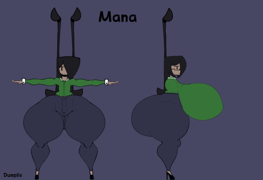 1girl 1girls anthro ants black_eyes black_hair bottom_heavy character_sheet clothed clothing dumplis_(artist) fully_clothed giant_ass giant_breasts girly glasses green_clothing huge_ass huge_breasts jeans mana_(dumplis) original_character reference_sheet thick_thighs wide_hips