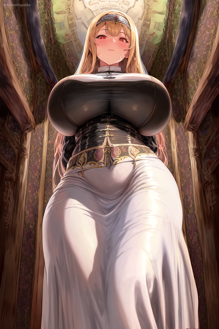 1girls ai_generated ai_love_higokko blonde_hair breasts female hi_res hips holaraai huge_breasts light-skinned_female light_skin long_hair massive_breasts nun nun's_habit nun_outfit original original_character red_eyes thick_thighs thighs wide_hips