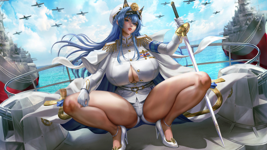 16:9 16:9_aspect_ratio 1girls absurdres aircraft bangs bare_legs battleship big_breasts blue_eyes blue_hair breasts busty cleavage clothed clothed_female clothing coat coat_on_shoulders extremely_high_resolution female female_focus female_only full_body gloves goddess_of_victory:_nikke hat heels helm_(nikke) high_resolution highres holding_sword holding_weapon huge_breasts large_breasts large_filesize legs lexaiduer light_skin light_skinned_female long_hair looking_at_viewer massive_breasts minishorts parted_lips red_lips red_lipstick ships shoes shorts solo solo_female solo_focus squatting sword thick_thighs thighs uniform very_high_resolution white_clothes white_clothing white_coat white_gloves white_heels white_shoes white_shorts white_uniform