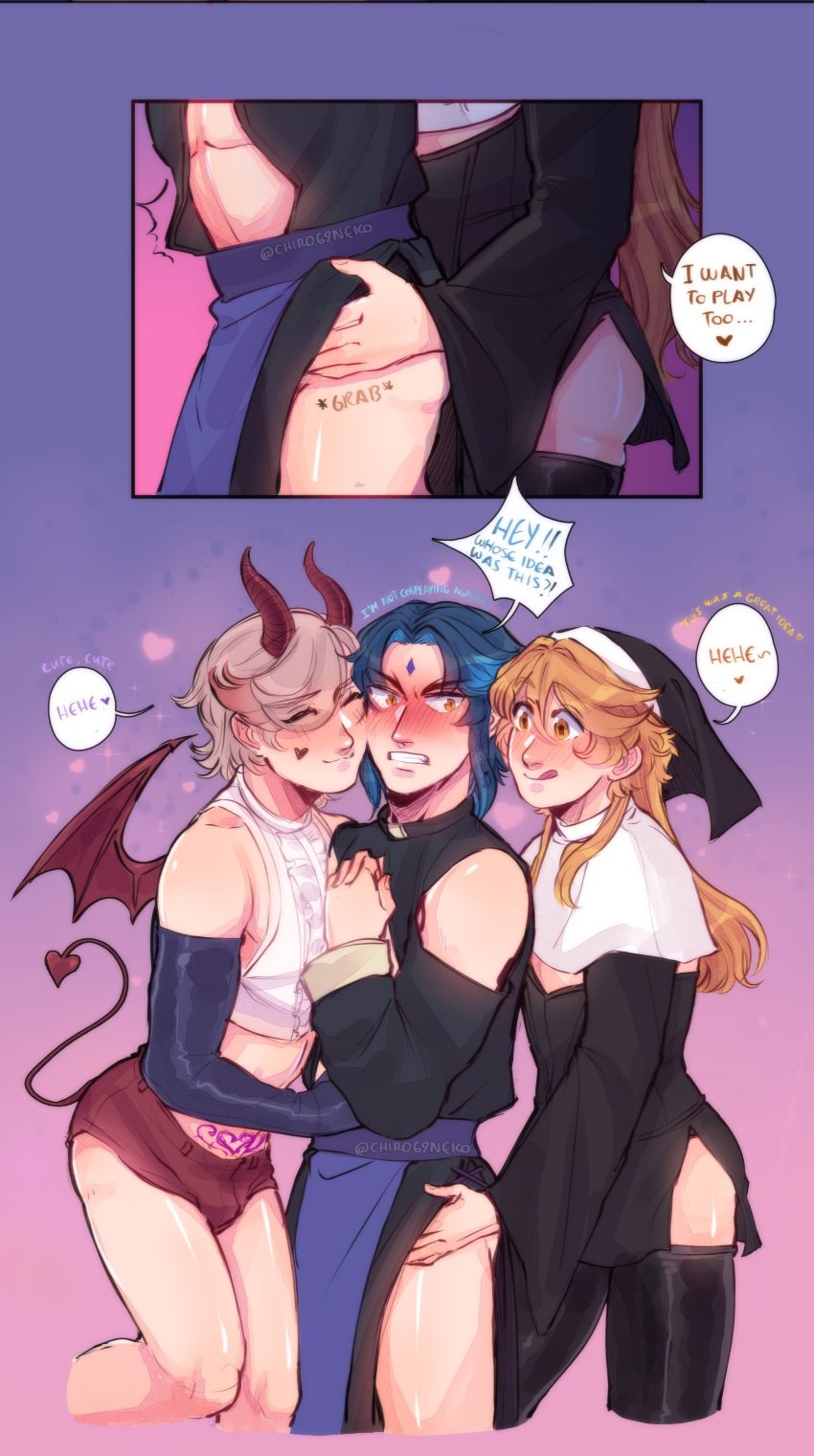 3boys aether_(genshin_impact) androgynous chiro69neko comic english_text femboy gay genshin_impact halloween lyney_(genshin_impact) male twink xiao_(genshin_impact)