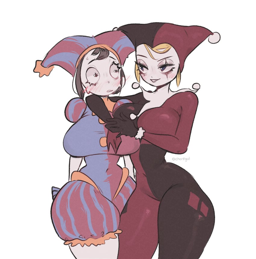 2023 2d 2d_(artwork) 2d_artwork 2girls arm_around_shoulder batman_(series) big_breasts big_thighs blonde_hair blush brown_hair chonkgod crossover dc dc_comics female female_only glitch_productions gloves gooseworx harley_quinn harley_quinn_(classic) heavy_blush jester jester_cap jester_costume jester_hat jester_outfit looking_at_each_other narrowed_eyes pomni_(the_amazing_digital_circus) short_hair smile sweat sweatdrop sweating tagme the_amazing_digital_circus thick_thighs trait_connection very_high_resolution white_background white_body wide_hips yuri