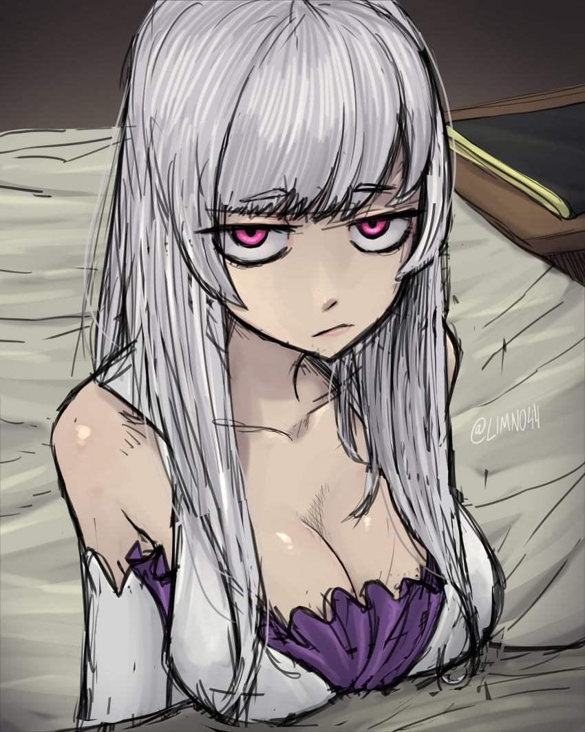 1girls angry big_breasts black_clover breasts cleavage frown hi_res large_breasts limn044 long_hair looking_at_viewer noelle_silva pink_eyes pout purple_eyes silver_hair