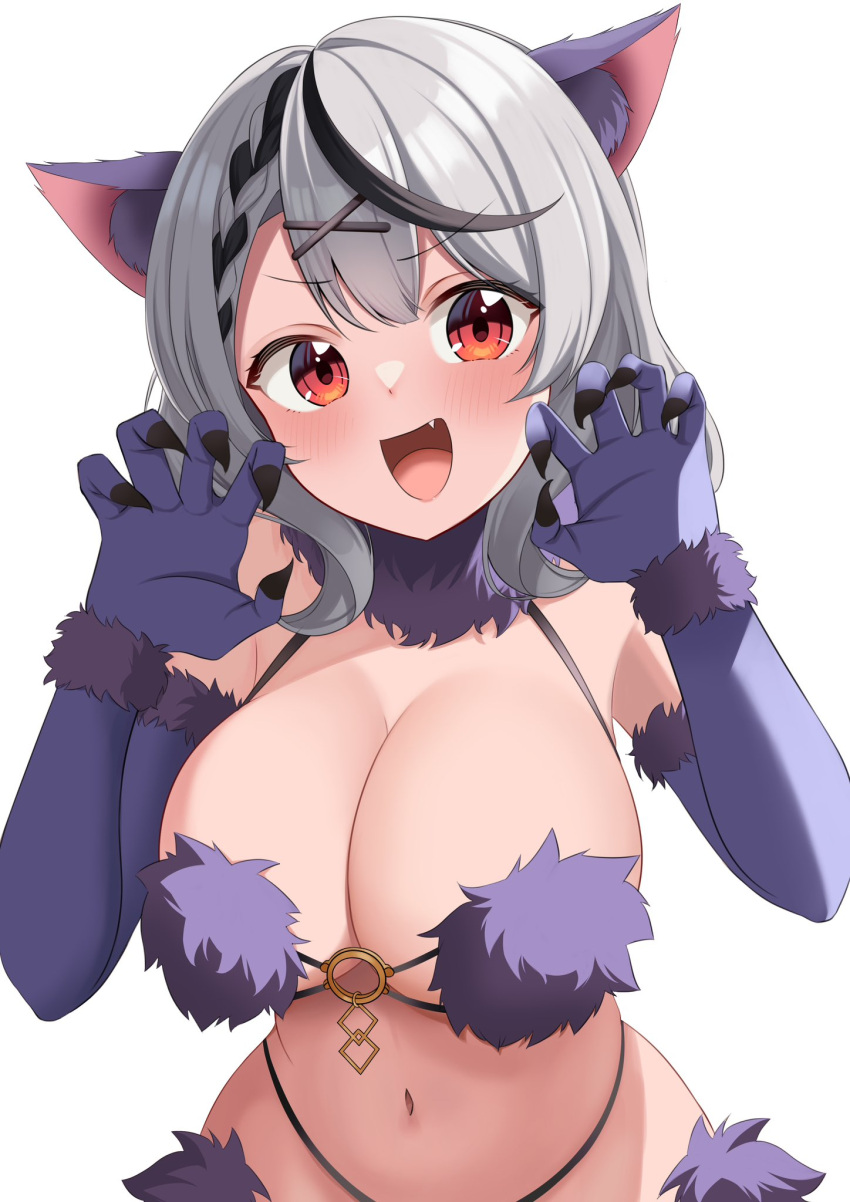 cute cute_fang dangerous_beast female fur_bikini hips hololive hololive_japan holox huge_breasts mash_kyrielight_(dangerous_beast)_(cosplay) paw_pose rawr sakamata_chloe virtual_youtuber white_background wide_hips wolf_costume