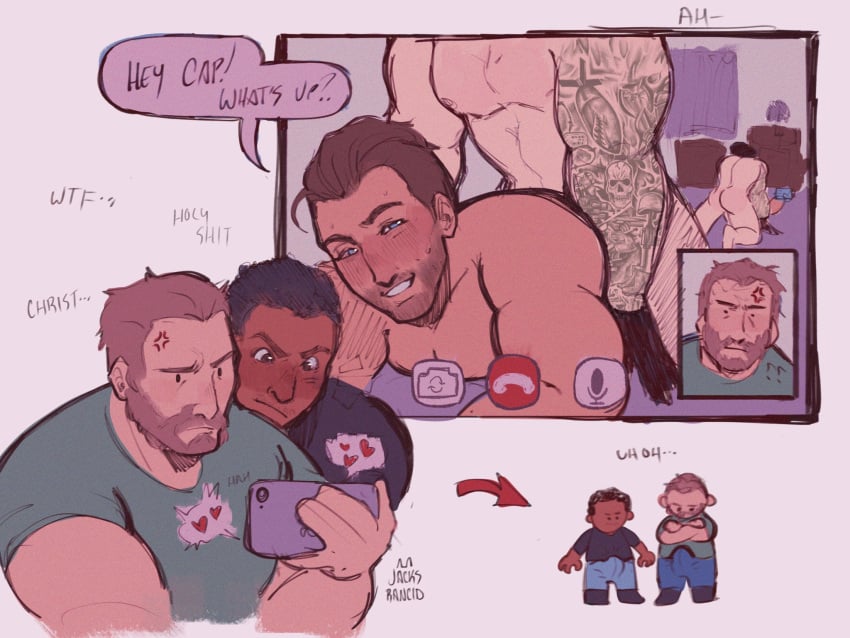 4boys anal anger_vein arm_tattoo bara beard_stubble black_hair blush bulge call_of_duty call_of_duty_modern_warfare_2_(2022) captain_price chibi chibi_inset couple cropped_torso dark-skinned_male dark_skin deformed english_text erection erection_under_clothes gaz_(call_of_duty_4) ghost_(modern_warfare_2) heart highres jacks_rancid john_mactavish john_price kyle_garrick male_focus mature_male multiple_boys muscular muscular_male mustache_stubble out_of_frame prone_bone rabies_(jacksrancid) sex shirt short_hair simon_riley smile soap_(modern_warfare_2) solid_circle_eyes spoken_heart t-shirt tattoo thick_eyebrows torogao undercut video_call yaoi