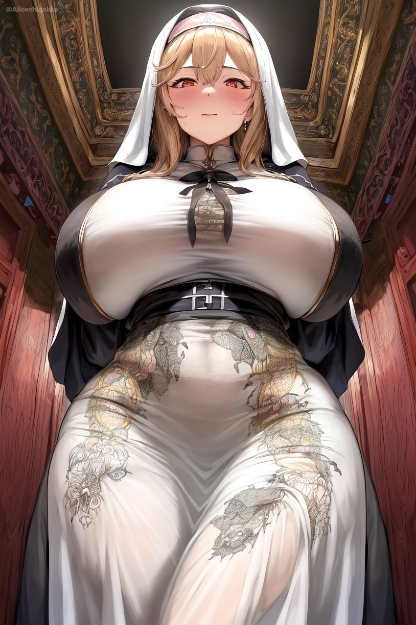 1girls ai_generated ai_love_higokko blonde_hair breasts female hi_res hips holaraai huge_breasts light-skinned_female light_skin long_hair massive_breasts nun nun's_habit nun_outfit original original_character red_eyes thick_thighs thighs wide_hips