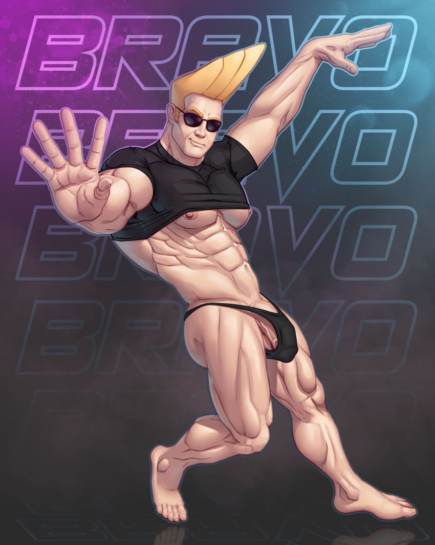 1boy bara blitzturner blonde_hair bulge cartoon_network caucasian caucasian_male johnny_bravo johnny_bravo_(series) male male_only muscles muscular muscular_male penis_peek posing solo solo_male