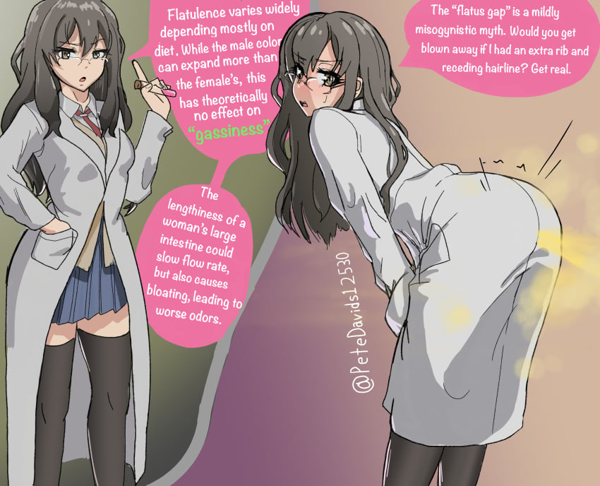 1girls ass bent_over brown_eyes fart fart_cloud fart_fetish farting female female_only feminist futaba_rio gassy grey_hair labcoat pyrosinical science seishun_buta_yarou_wa_bunny_girl_senpai_no_yume_wo_minai skirt tagme test_tube text thighhighs twitter_username