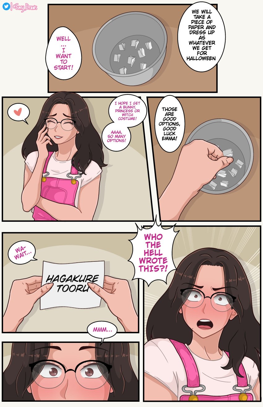 1futa blush brown_eyes brown_hair clothed clothing comic comic_page costume dialogue dickgirl emma_(emy_draws) emy_draws english_text full_body fully_clothed futanari futasub glass glasses human implied_futanari light_skin long_hair my_hero_academia nipples nude solo text tooru_hagakure_(cosplay)