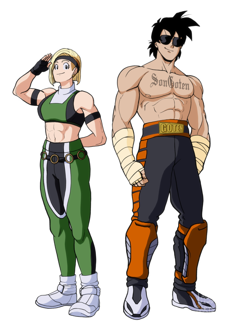 acelewdarts cosplay crossover dragon_ball dragon_ball_super dragon_ball_z fully_clothed headband johnny_cage johnny_cage_(cosplay) marron mortal_kombat sneakers son_goten sonya_blade sonya_blade_(cosplay) sunglasses taped_fists tattoo white_background