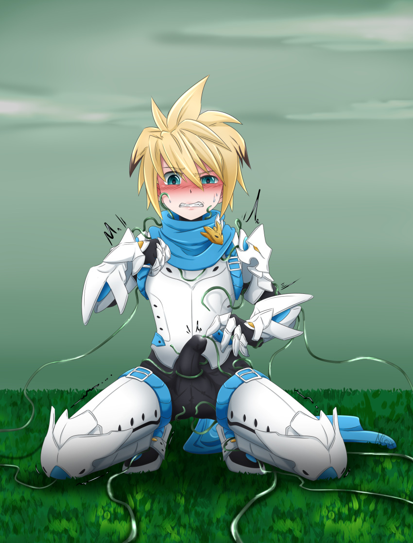 armor black_pants blonde_hair blue_belt blue_eyes blue_scarf blush chung_seiker cloudy_sky cuisses elsword erection erection_under_clothes freiturnier front_view gauntlets grass greaves gritted_teeth heroine_in_trouble kneeling looking_down loose_belt male pauldrons plackart precum struggling tendrils white_armor