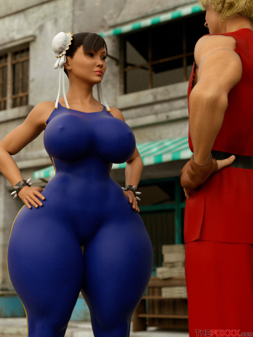 3d 3d_(artwork) big_breasts big_hips breasts capcom chun-li hips hips_wider_than_shoulders huge_breasts huge_hips ken_masters large_breasts large_hips street_fighter tagme thefoxxx thick_thighs tight_clothing wide_hips