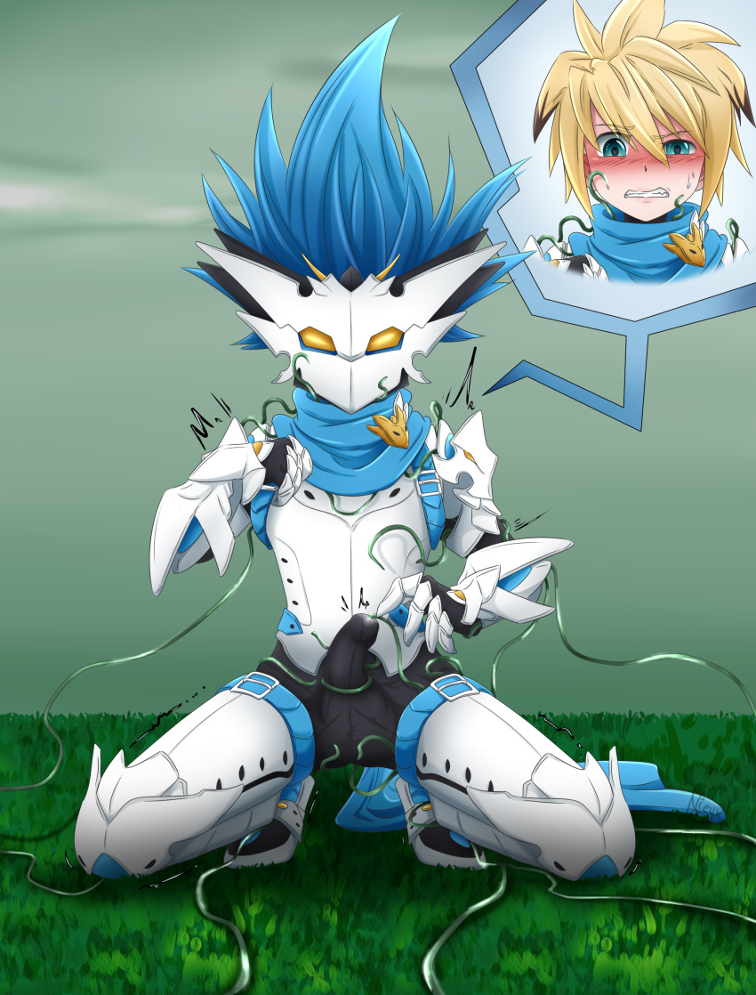 armor black_pants blonde_hair blue_belt blue_eyes blue_hair blue_scarf blush chung_seiker cloudy_sky cuisses elsword erection erection_under_clothes freiturnier front_view gauntlets grass greaves gritted_teeth heroine_in_trouble kneeling looking_down loose_belt male masked pauldrons plackart precum robotic spiky_hair struggling tendrils white_armor yellow_eyes