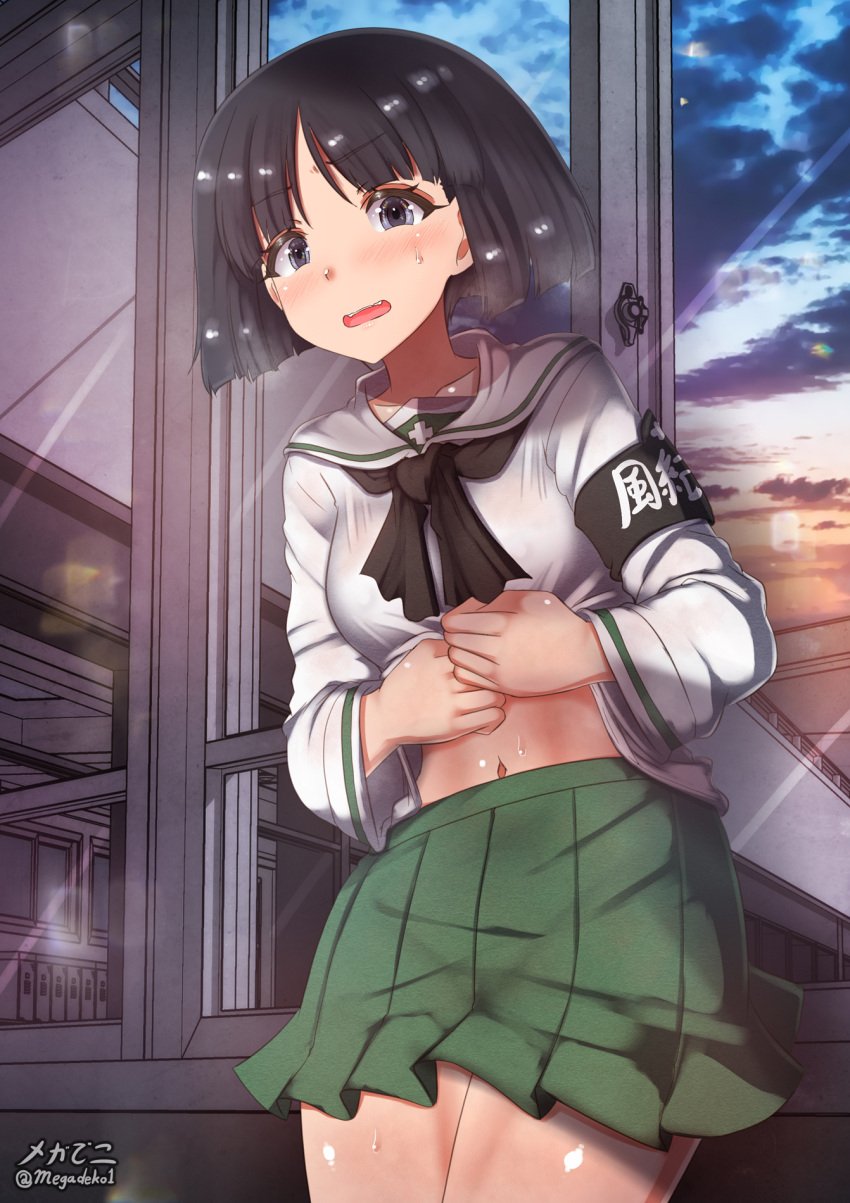 aquaegg black_hair blue_eyes blush breasts female girls_und_panzer indoors looking_at_viewer miniskirt navel ooarai_school_uniform open_mouth school_uniform short_hair skirt sky small_breasts smile solo sono_midoriko window