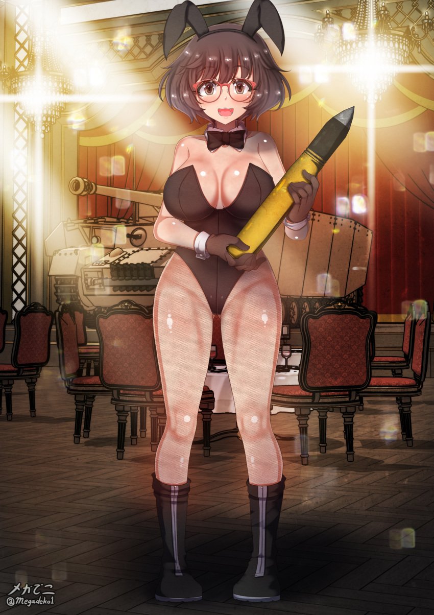 1girls akiyama_yukari aquaegg black_bowtie black_leotard blush bowtie breasts brown_eyes brown_hair brown_pantyhose bunny_ears bunnysuit cleavage fake_animal_ears female full_body girls_und_panzer glasses large_breasts leotard looking_at_viewer open_mouth pantyhose playboy_bunny short_hair smile solo standing tank tank_shell