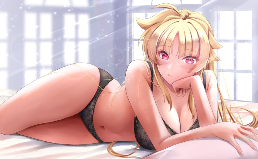 bare_shoulders black_bra black_panties blonde_hair bra breasts closed_mouth fate_testarossa female indoors large_breasts lingerie long_hair looking_at_viewer lying lyrical_nanoha mahou_shoujo_lyrical_nanoha_strikers navel on_bed on_side panties pillow red_eyes smile solo sougetsu_izuki underwear underwear_only window