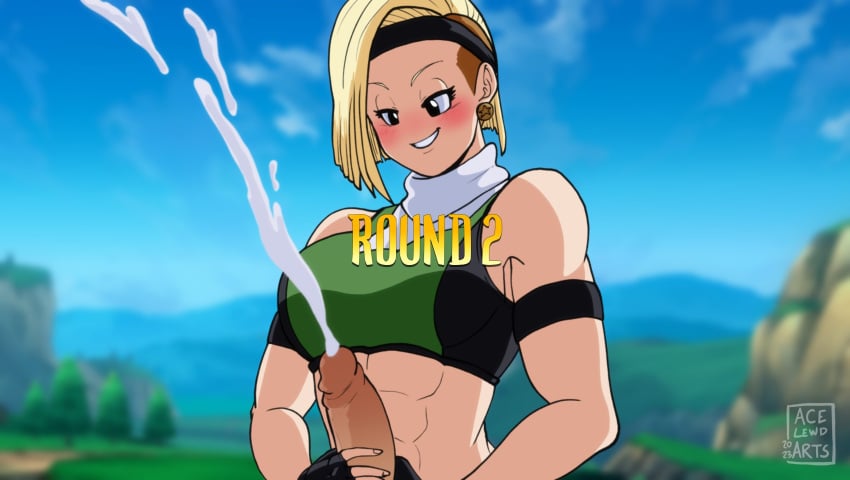 acelewdarts alternate_version_available breasts crossover cum dragon_ball_super dragon_ball_z earrings english_text handjob headband large_breasts looking_at_another marron mortal_kombat partial_male sonya_blade sonya_blade_(cosplay)