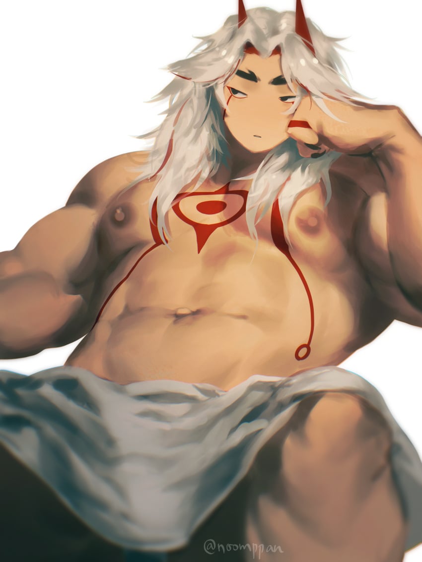 arataki_itto arataki_itto_(genshin_impact) bara bara_tiddies bara_tits bear daddy dilf genshin_impact horn horns hot_spring male male_only manboobs muscle muscles muscular muscular_arms muscular_male noomppan oni oni_horns sitting solo_focus solo_male tattoo towel white_background white_hair