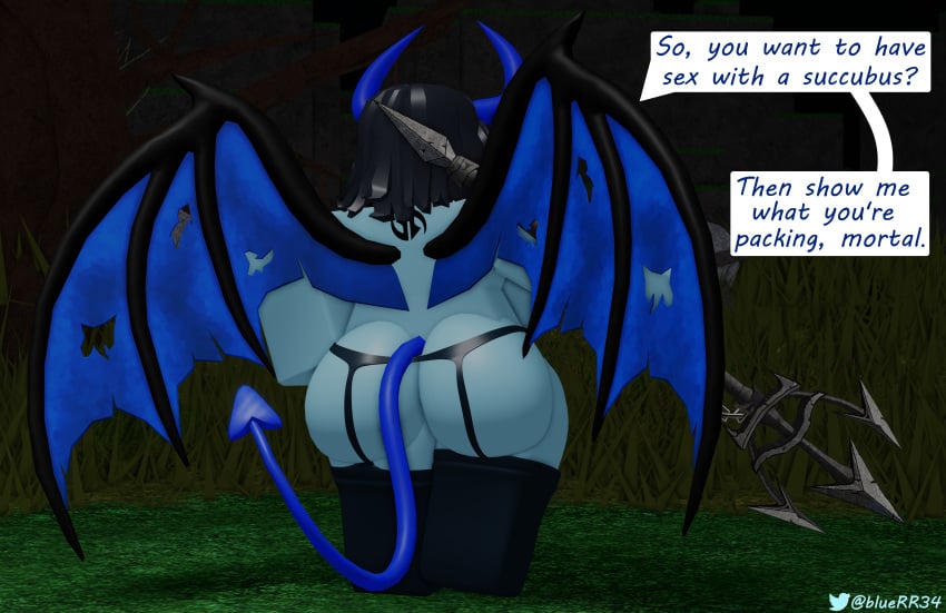 1girls 3d big_ass black_hair blue_skin bluerr34 dialogue facing_away female garter_straps horns original_character roblox robloxian self_upload shiram short_hair stockings succubus tagme tail tattoo text twitter_username wide_hips wings